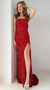 Strapless Red Sequin Long Evening Prom Dress, AST1586